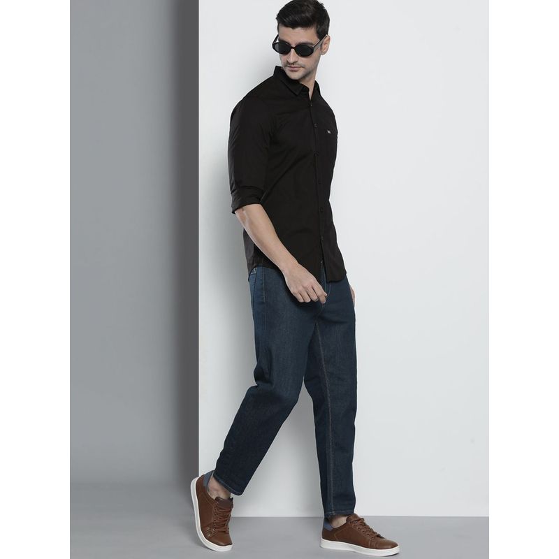 The Indian Garage Co Men Slim Fit Solid Full Sleeves Spread Collar Casual Shirt - Black (L)