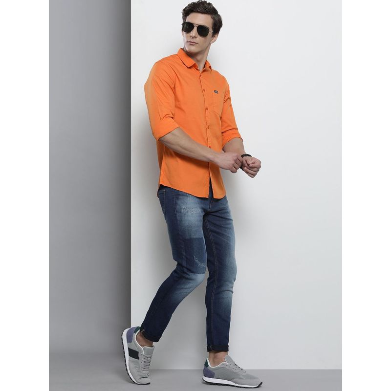 The Indian Garage Co Men Slim Fit Solid Full Sleeves Spread Collar Casual Shirt - Orange (L)