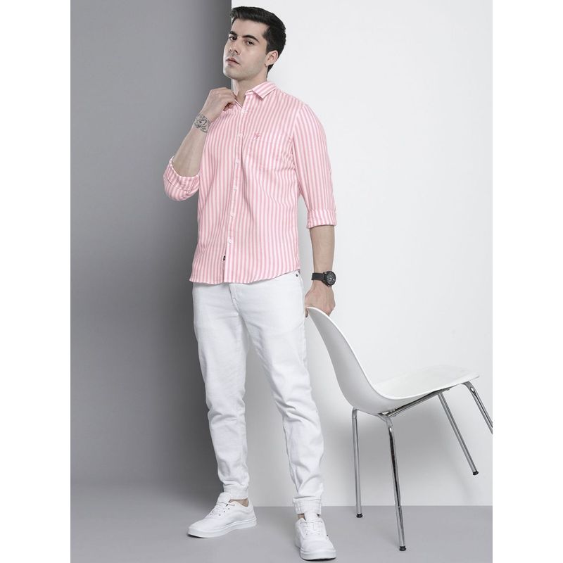 The Indian Garage Co Men Regular Fit Striped Full Sleeves Cutaway Collar Casual Shirt - Pink (M)