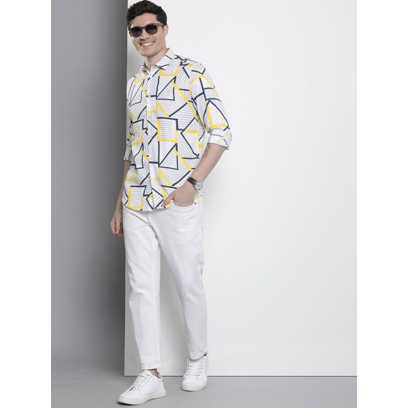 The Indian Garage Co Men Slim Fit Geometric Full Sleeves Cutaway Collar Party Wear Shirt - White (S)