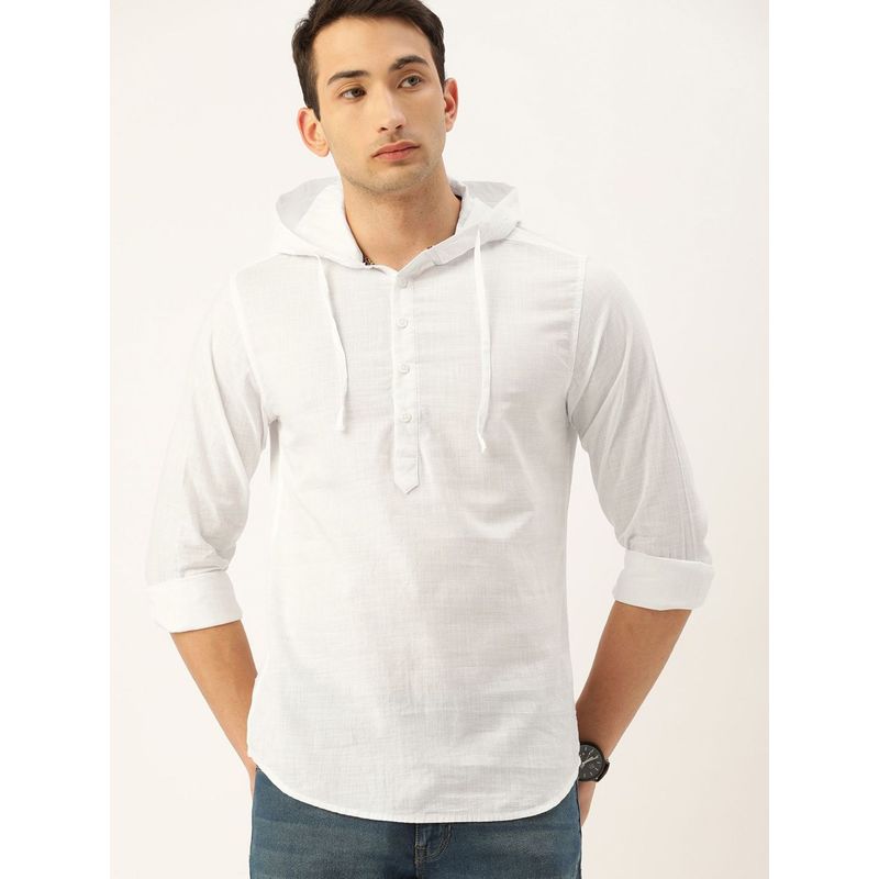 The Indian Garage Co Men Slim Fit Solid Full Sleeves Hooded Casual Shirt - White (L)