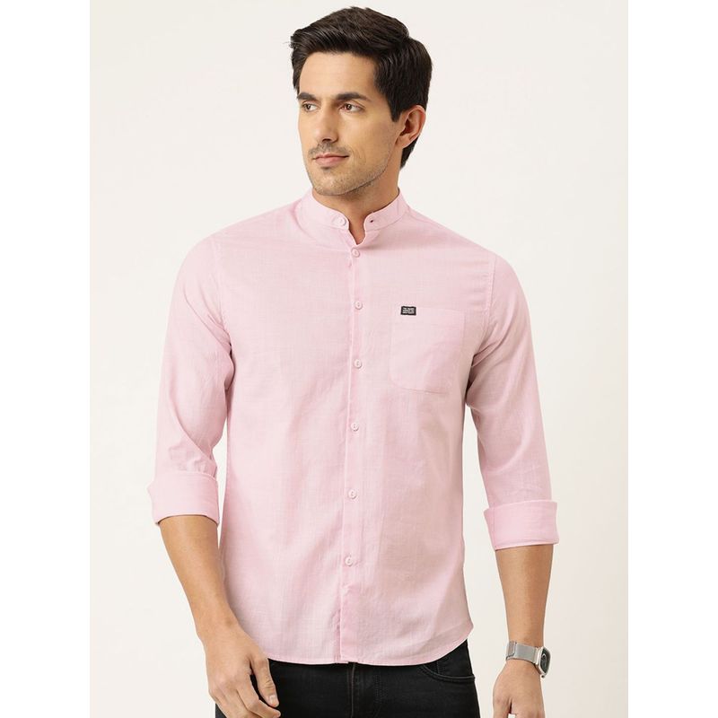 The Indian Garage Co Men Slim Fit Solid Full Sleeves Mandarin Collar Casual Shirt - Pink (L)