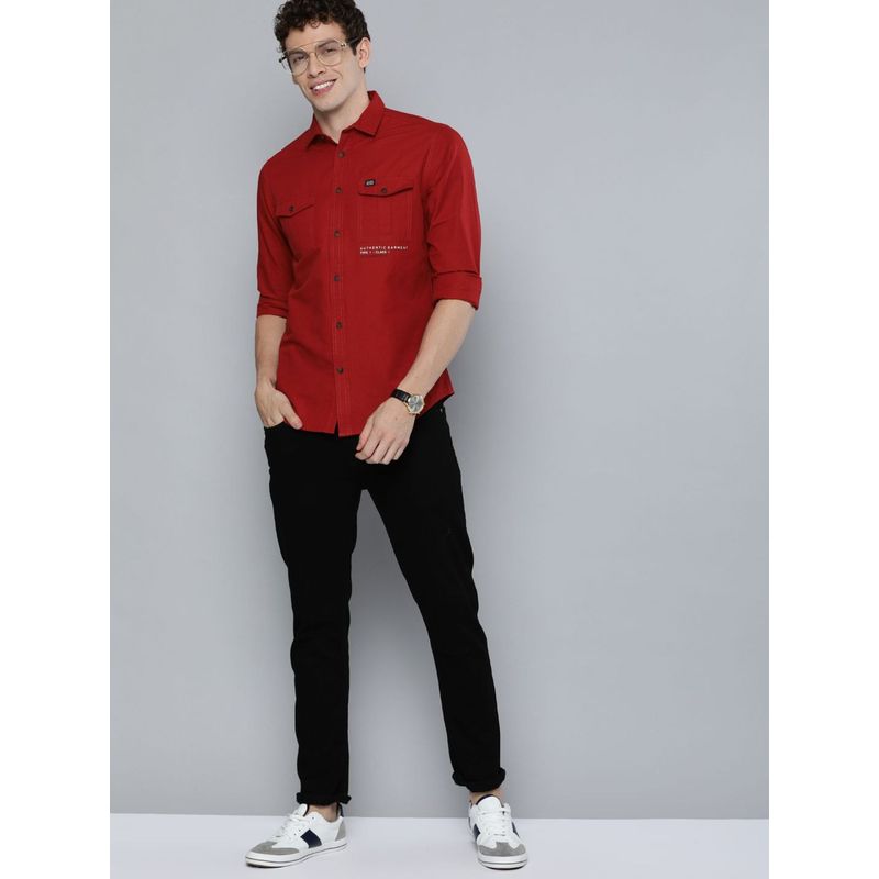 The Indian Garage Co Men Slim Fit Solid Full Sleeves Cutaway Collar Street Wear Shirt - Red (2XL)