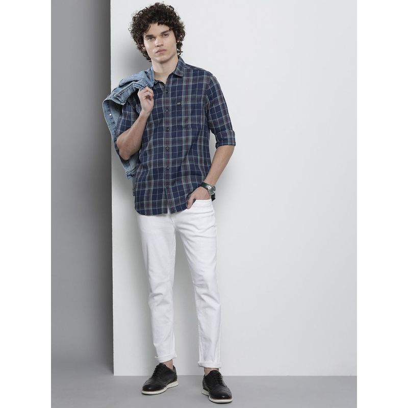 The Indian Garage Co Men Regular Fit Checkered Full Sleeves Cutaway Collar Casual Shirt - Navy Blue (S)