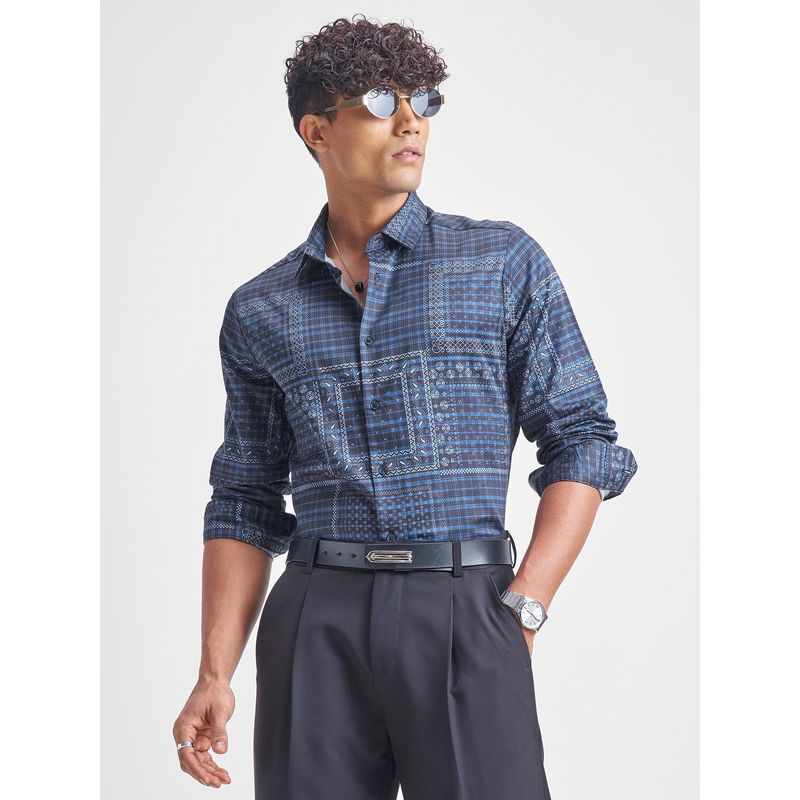 HIGHLANDER Men Navy Blue Premium Satin Printed Slim Fit Shirt (S)