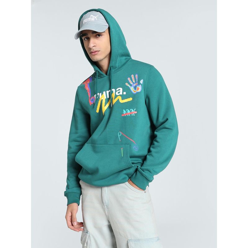 Puma Classics Drip Graphic Hoodie Mens Green Sweatshirt (S)