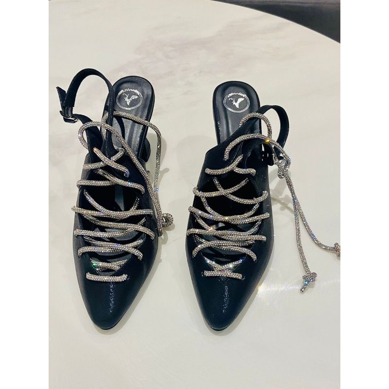 Sana K Luxurious Footwear Black Stringy Sneaker Round Toe Heel Sandals (EURO 35)