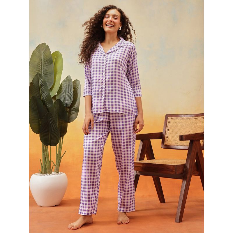 Clovia Classy Checks Button Me Up Shirt & Pyjama Set in White - Cotton Rich (XL)