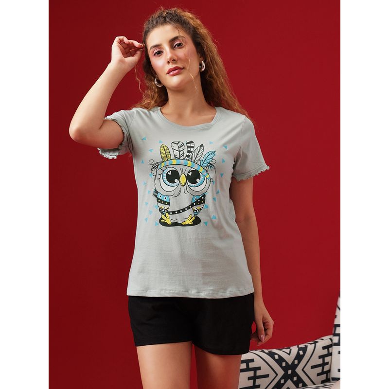 Clovia Cotton Owl Printed Top & Shorts Set - Grey (L)