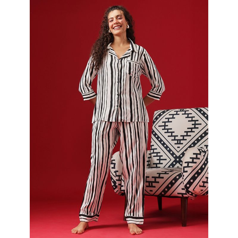 Clovia Sassy Stripes Button Me Up Shirt & Pyjama - Cotton Rich - White (3XL)