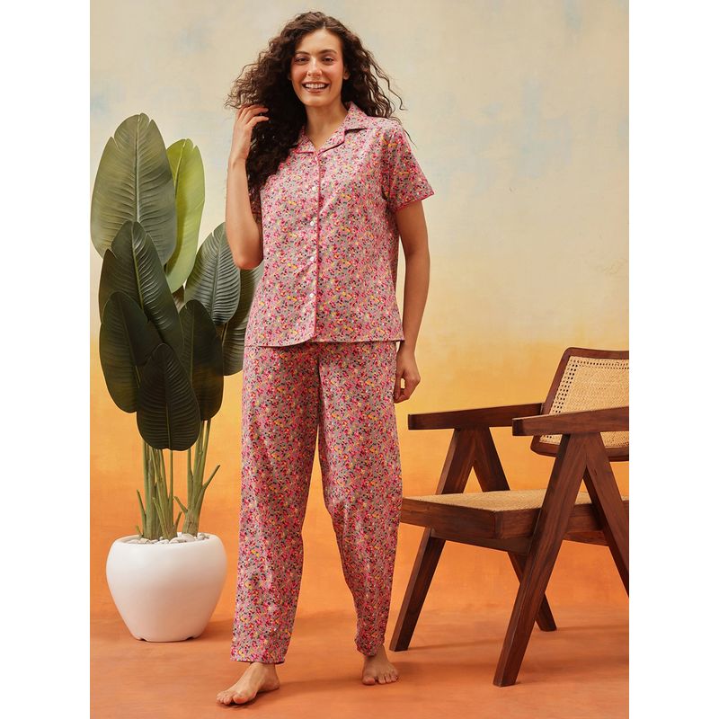 Clovia Cotton Floral Printed Button Down Shirt & Pyjama Set-Pink (Set of 2)(XL)