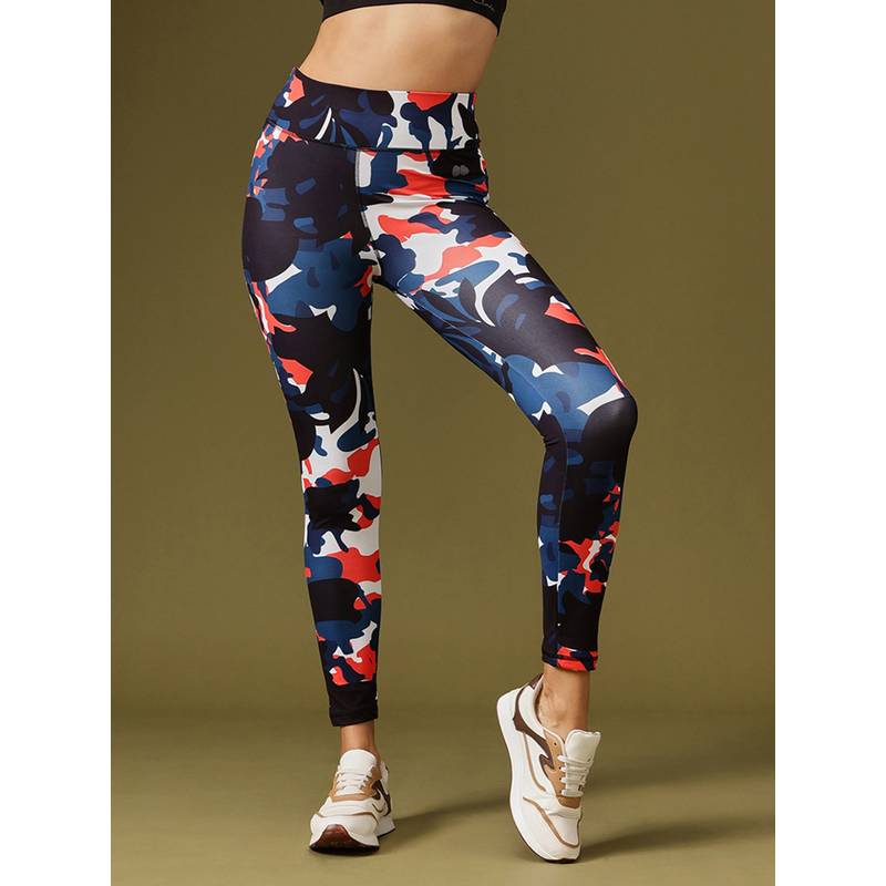 Clovia Snug Fit Ankle-Length High-Rise Active Camouflage Print Tights In Blue (M)
