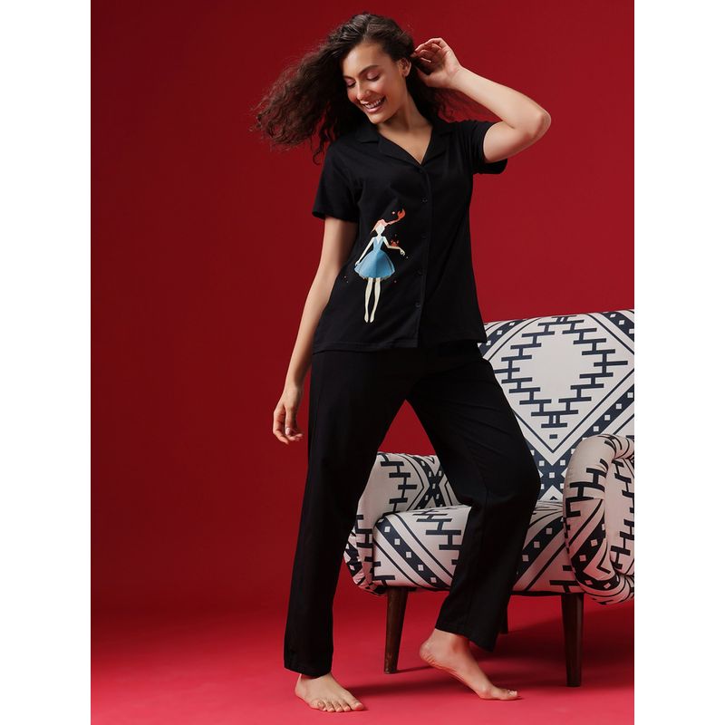 Clovia Cotton Printed Button Down Shirt & Pyjama Set-Black (3XL)
