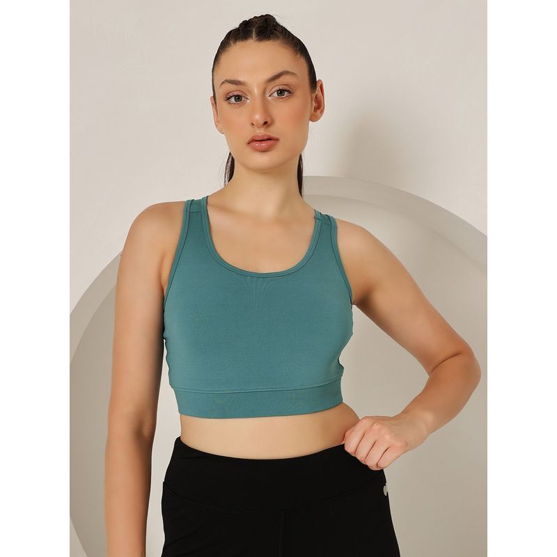 Clovia Medium Impact Padded Sports Bra in Stone with Racerback (L)
