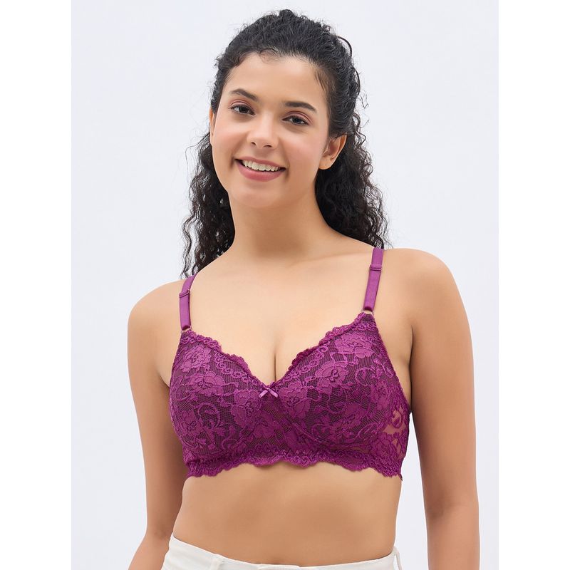 Clovia Padded Non-Wired Full Cup Bra In Wine Colour - Lace (34B)