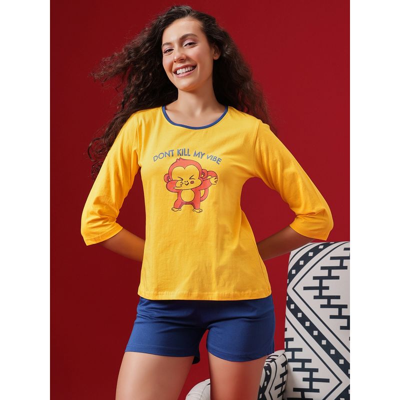 Clovia Graphic And Text Print Top & Chic Basic Shorts - Cotton -Yellow (2XL)