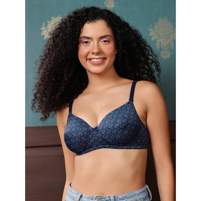Clovia Padded Non-Wired Full Coverage Floral Print Multiway T-shirt Bra (Navy Blue) (40B)
