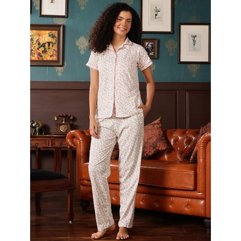 Clovia Cotton Printed Button-Down Shirt and Pyjama (White) (Set of 2) (3XL)