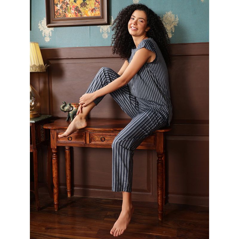 Clovia Cotton Stripes Printed Kurta Top and Pyjama (Navy Blue) (Set of 2) (L)