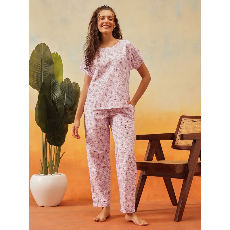 Clovia Purple Rayon Floral Print T-Shirt and Pyjama (3XL)