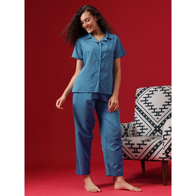 Clovia Blue Cotton Dobby Weave Button-Down Shirt and Pyjama (M)