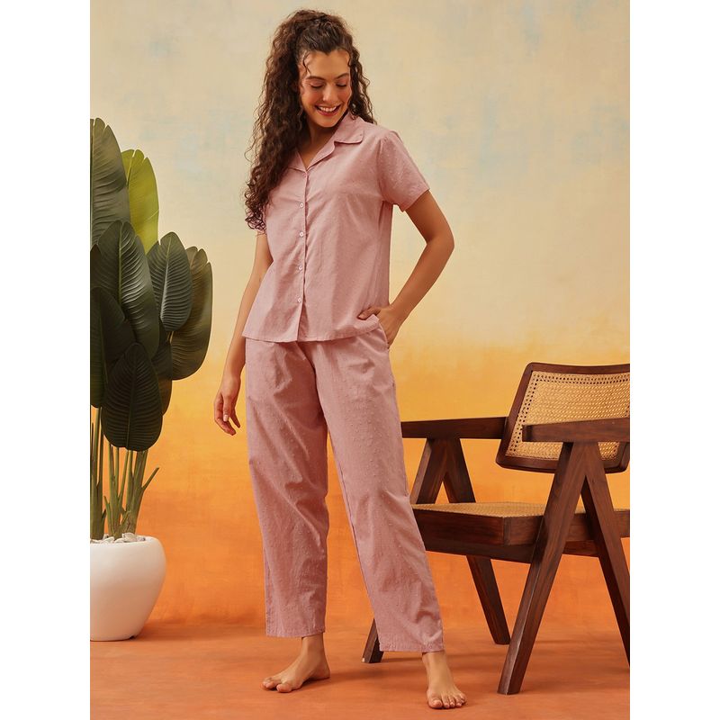 Clovia Pink Cotton Dobby Weave Button-Down Shirt and Pyjama (L)