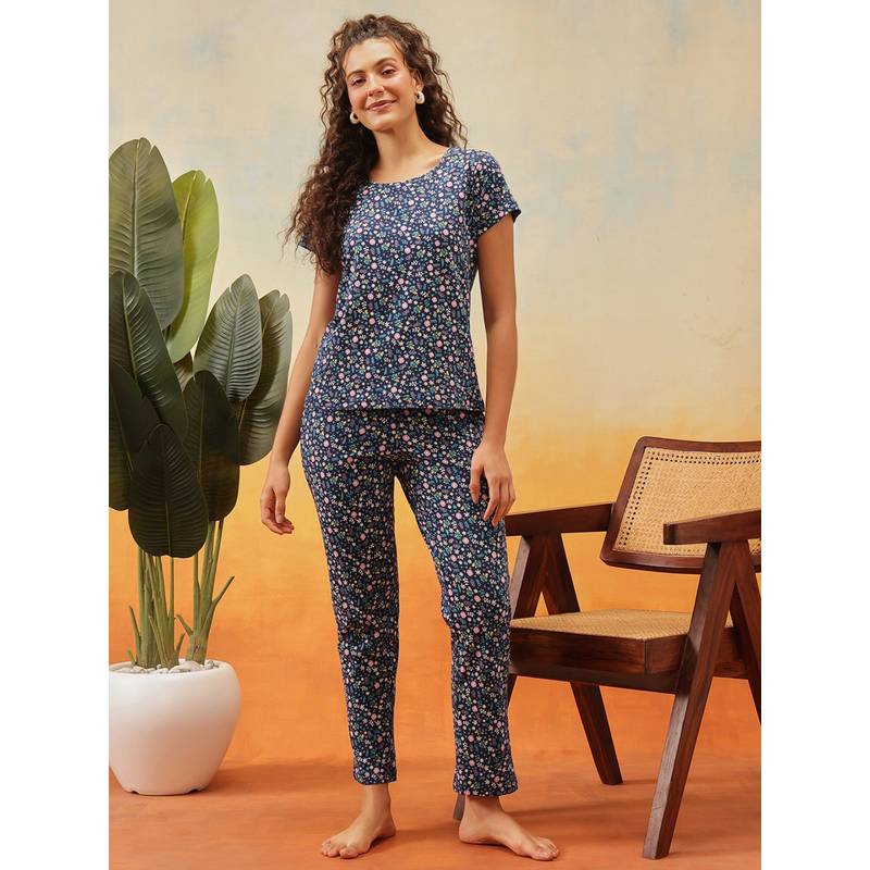 Clovia Navy Blue Cotton Floral Print T-Shirt and Pyjama (M)