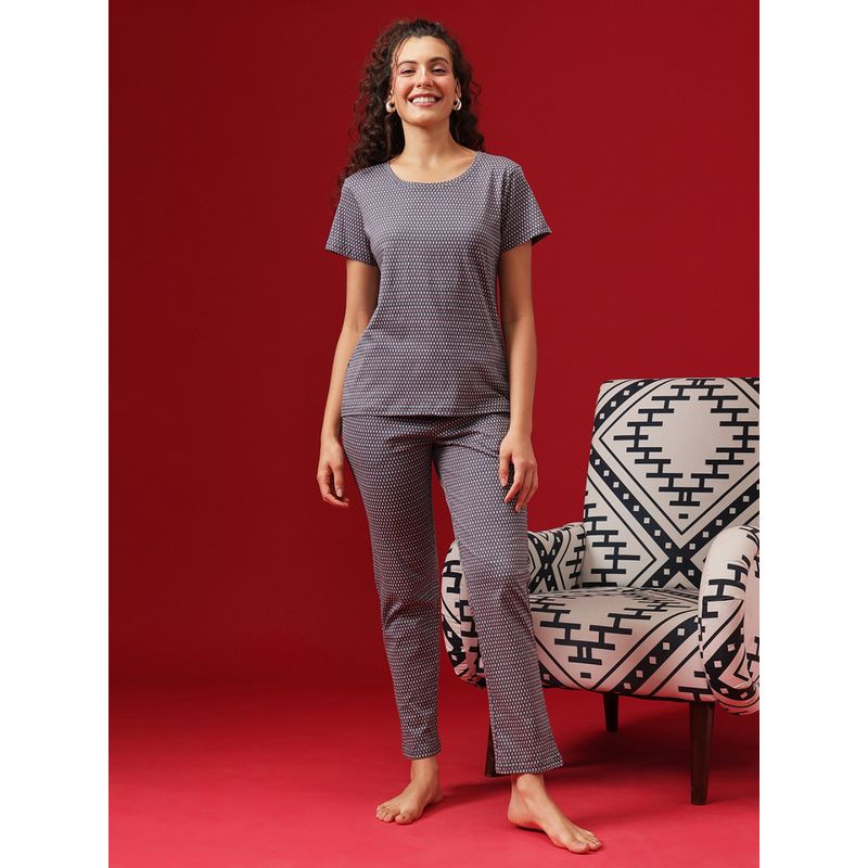 Clovia Navy Blue Cotton Printed T-Shirt and Pyjama (L)