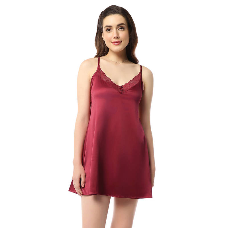 Amante Solid V-Neck Sleeveless Above Knee Length Eternal Bliss Satin Chemise (M)
