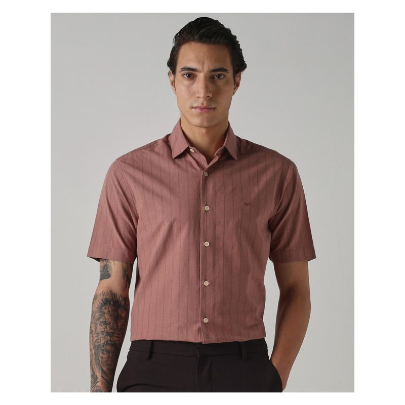 Mufti Rich Terracotta Brown Stripes Men Shirt (M)