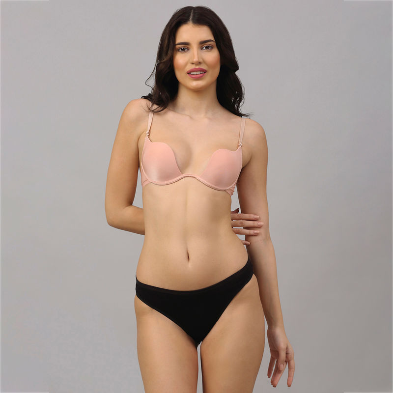 PrettyCat Beautiful Plunge Pushup U Shape Bra Panty Set - Nude (32B)