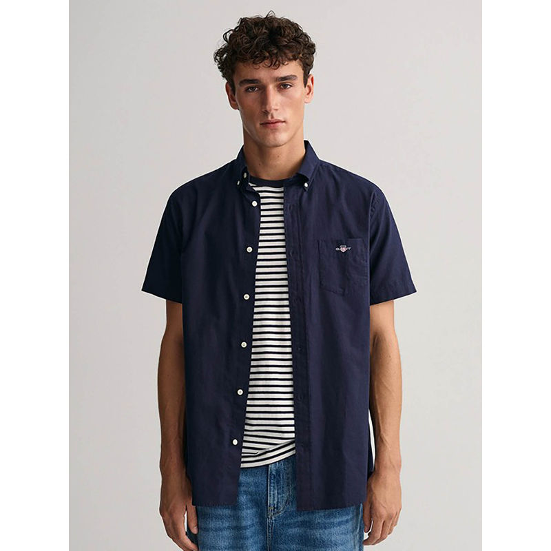 GANT Men Navy Blue Solid Collar Short Sleeves Casual Shirt (38)