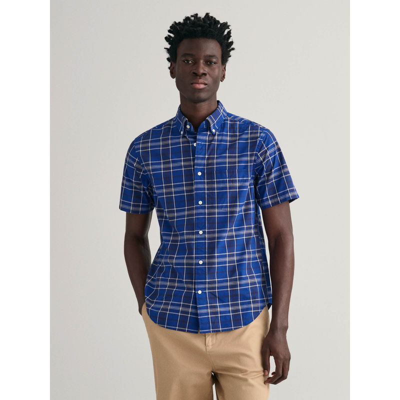 GANT Men Blue Checked Collar Short Sleeves Casual Shirt (38)