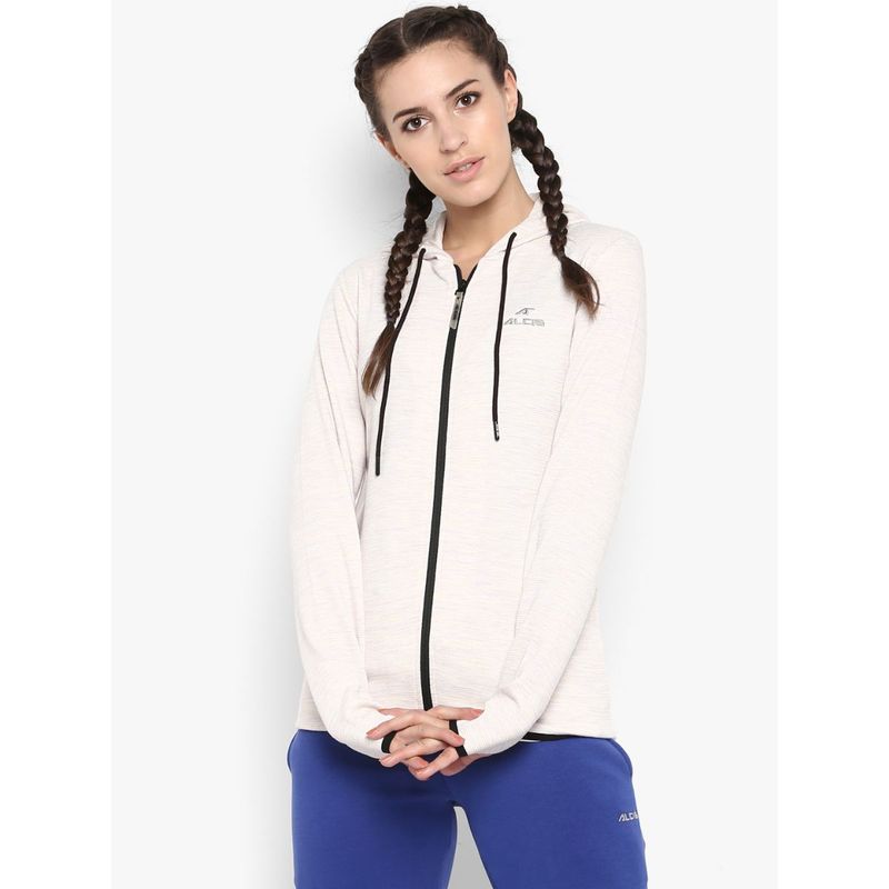 Alcis Women Cream-Coloured Ribbed Hooded Sporty Jacket (M)