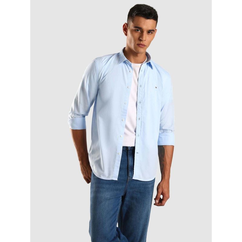 Tommy Hilfiger Solid Slim Fit Cotton Blue Casual Shirt (S)