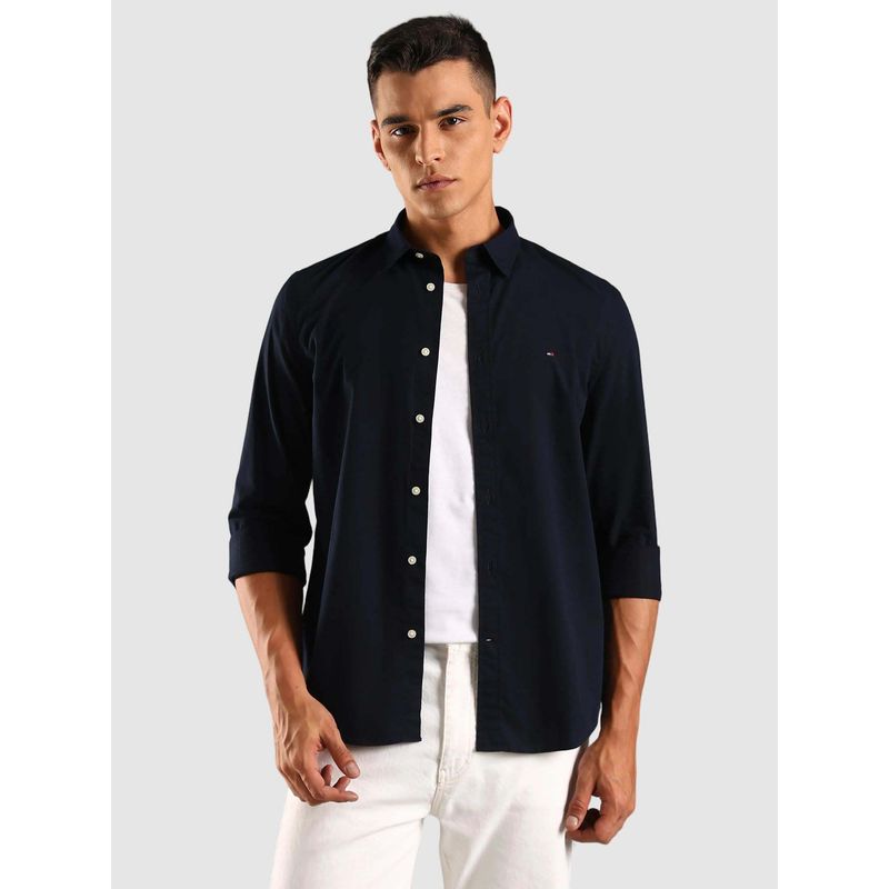 Tommy Hilfiger Solid Slim Fit Cotton Navy Blue Casual Shirt (XL)