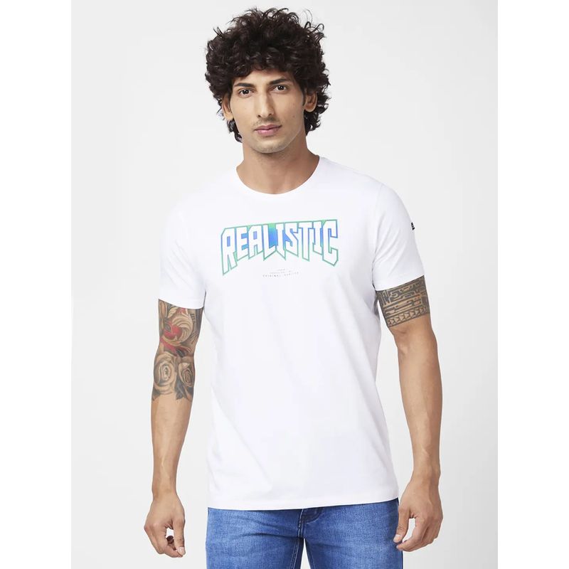 Spykar Men White Blended Slim Fit Half Sleeve Round Neck Casual Printed T-Shirt (L)