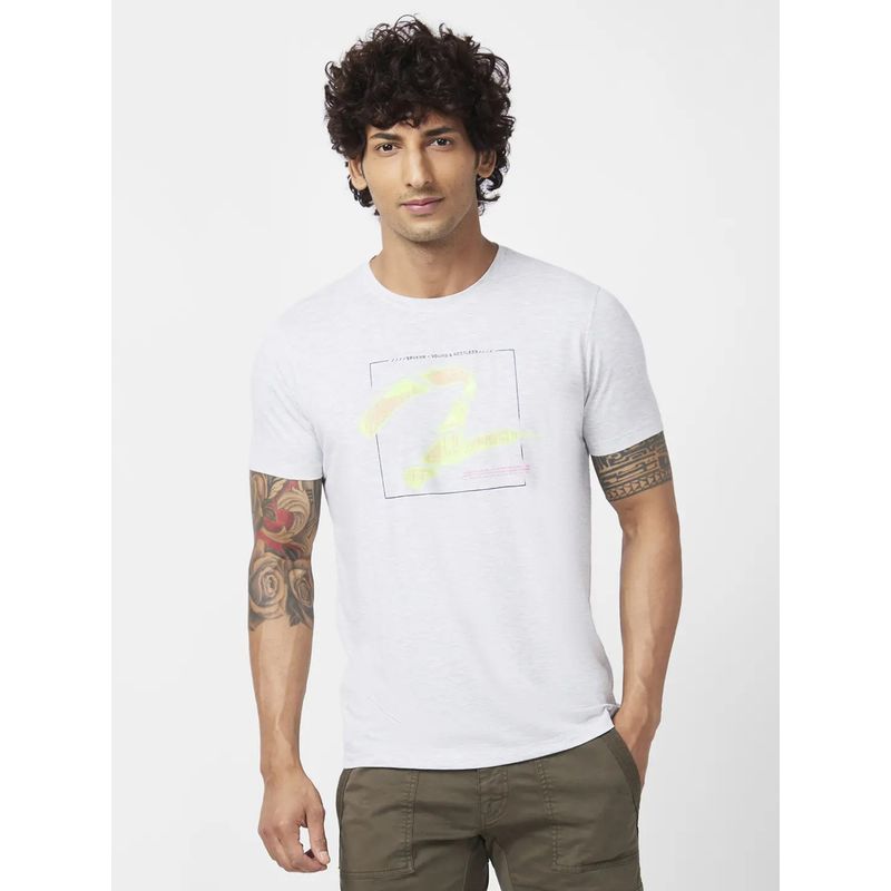 Spykar Men Ash Melange Blended Slim Fit Half Sleeve Round Neck Printed T-Shirt (S)