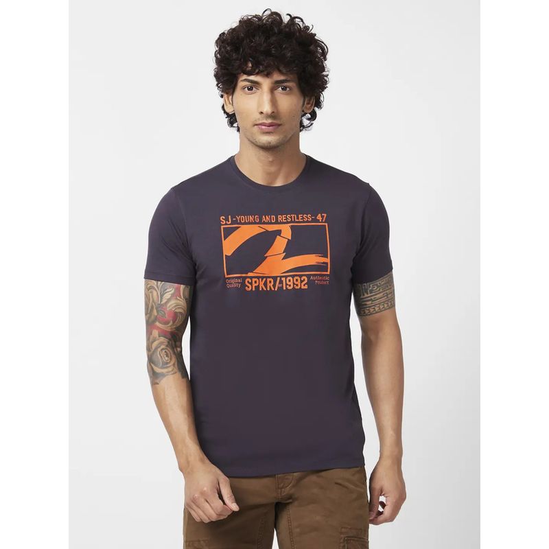 Spykar Men Navy Blue Blended Slim Fit Half Sleeve Round Neck Printed T-Shirt (S)