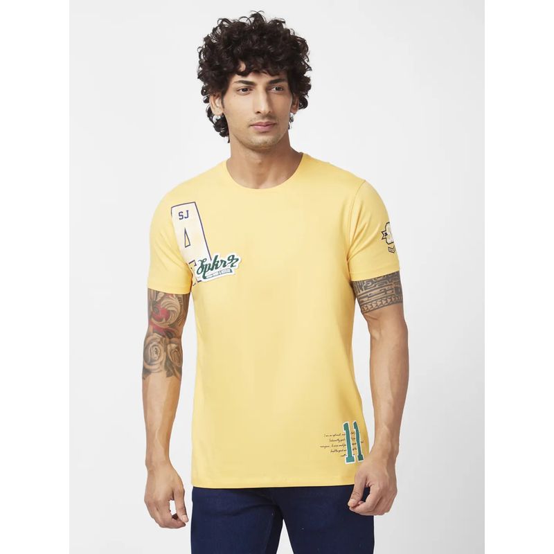 Spykar Men Amber Yellow Blended Slim Fit Half Sleeve Round Neck Printed T-Shirt (L)