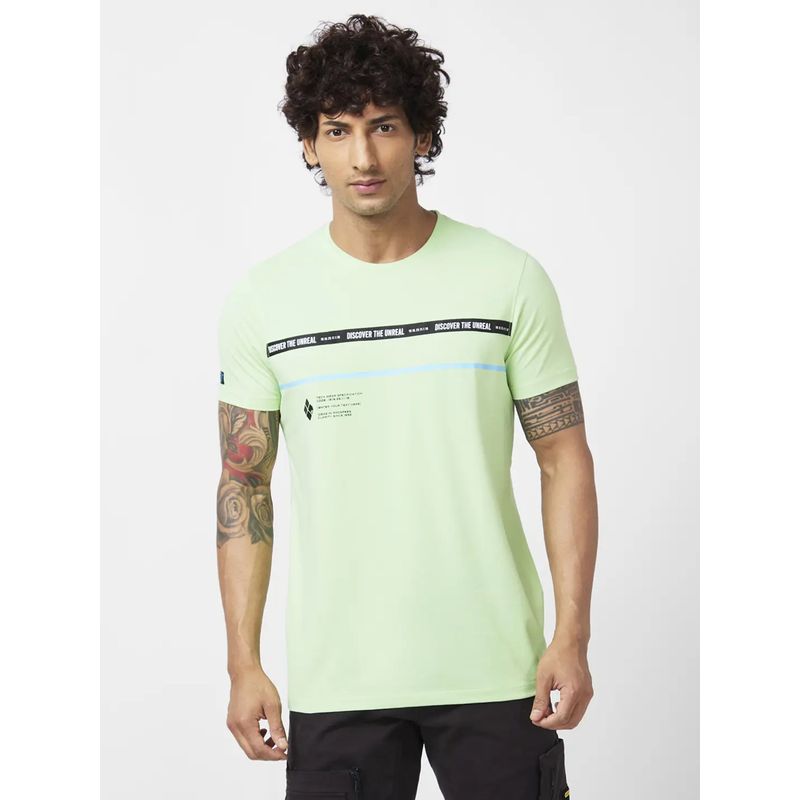 Spykar Men Mint Green Blended Slim Fit Half Sleeve Round Neck Printed T-Shirt (S)