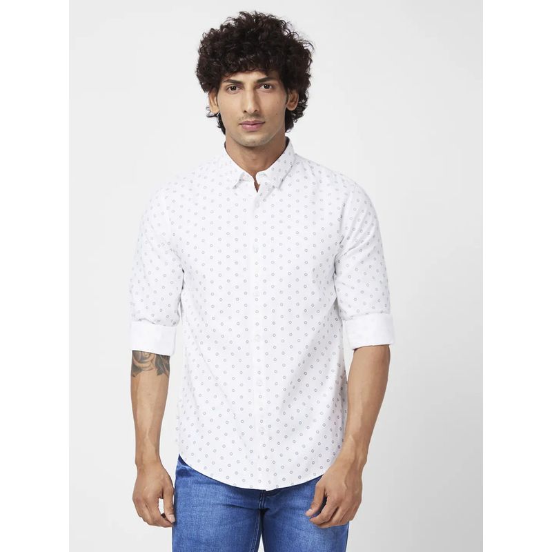 Spykar Men White Cotton Regular Slim Fit Full Sleeve Causal Printed Shirt (M)