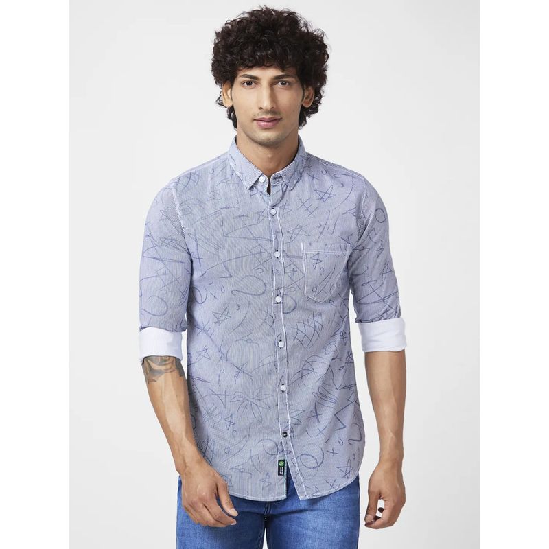 Spykar Men White Cotton Regular Slim Fit Full Sleeve Causal Printed Shirt (XL)