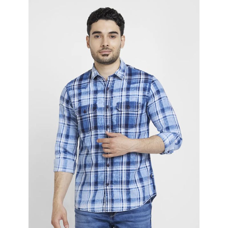 Spykar Men Indigo Cotton Regular Slim Fit Full Sleeve Checks Shirt (2XL)