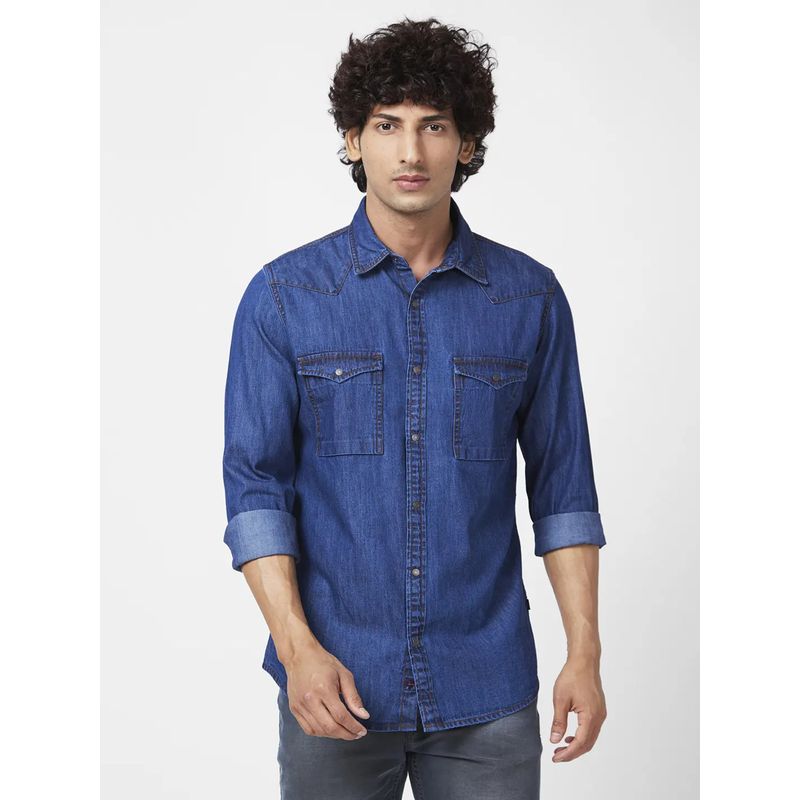 Spykar Men Dark Blue Cotton Regular Slim Fit Full Sleeve Casual Denim Shirt (L)