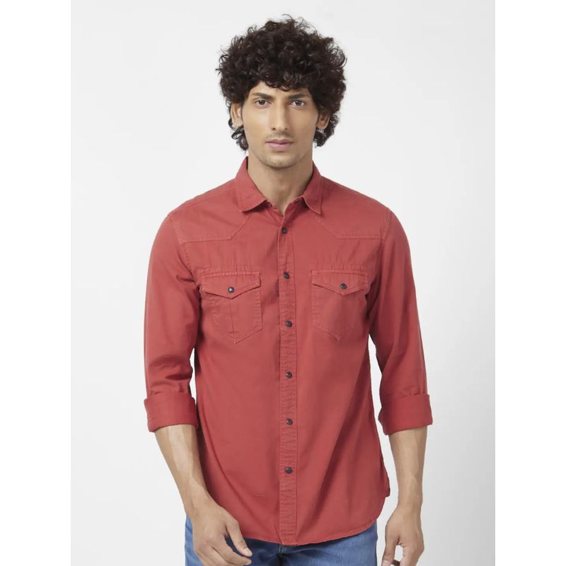 Red colour denim shirt clearance