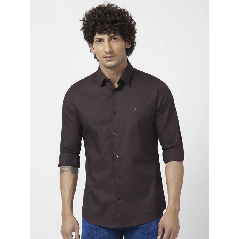 Spykar Men Coffee Brown Dyed Regular Slim Fit Full Sleeve Plain Shirt (M)