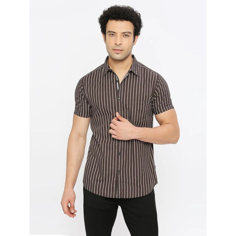 Spykar Men Grey Poplin Slim Fit Half Sleeve Striped Shirt (L)