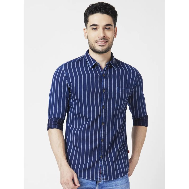 Spykar Men Indigo Cotton Slim Fit Full Sleeve Striped Shirt (2XL)