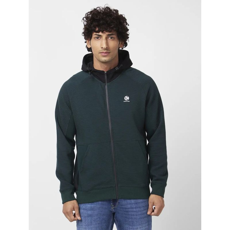 Spykar Men Bottle Green Regular Fit Full Sleeve Stripes Pattern Hooded (L)